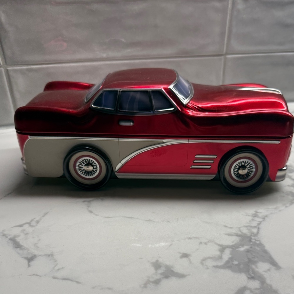 Silver Crane Company red classic car tin box
